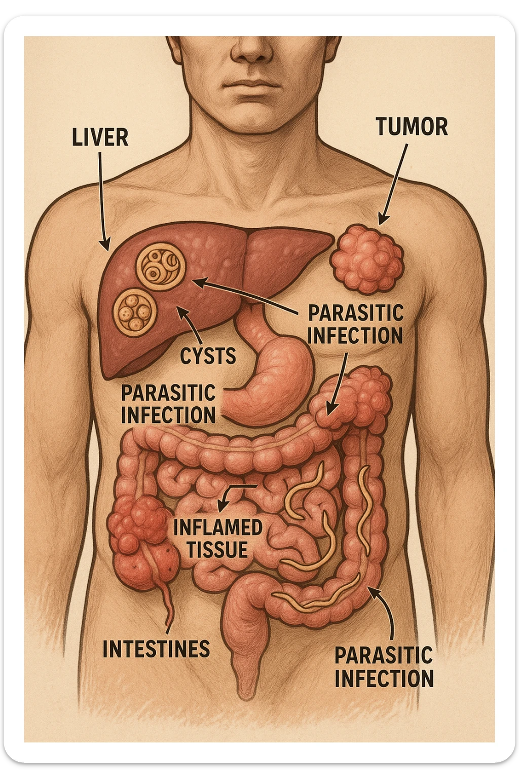 a cross-section of a man’s torso displays various types of parasites embedded in the liver, intestines, and other organs. Tumor growths and inflamed tissues are clearly depicted, with arrows or labels explaining the link between parasitic infection and health problems. The mood is cautionary and informative. in italiano sticker