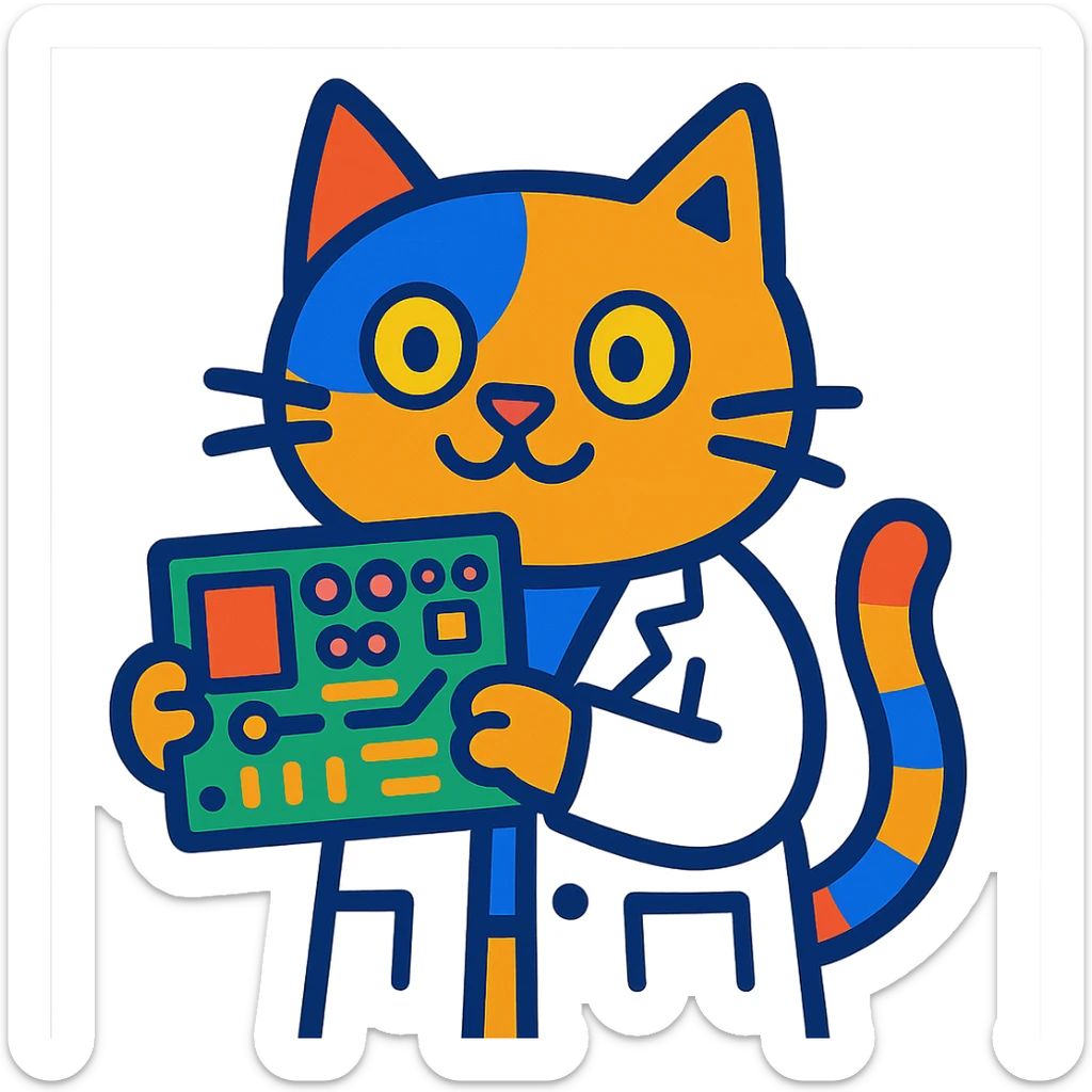 playful and colorful cat in a lab coat holding a circuit board sticker