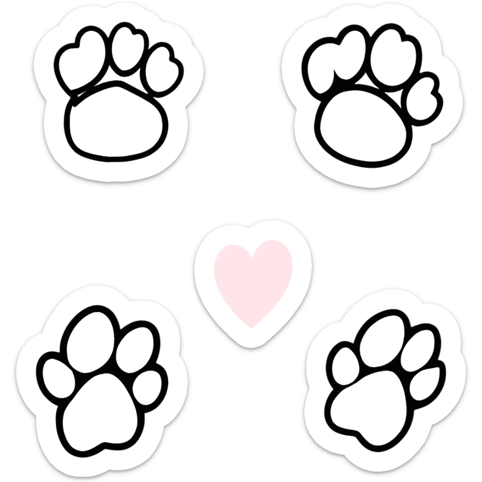 four cartoon style puppy paws, each with a white heart on the pad sticker