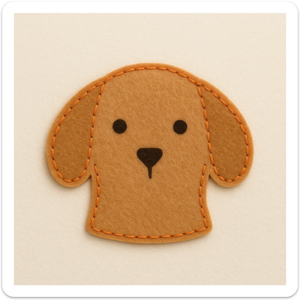 Minimal felt patch of a dog with soft matte felt, muted orange stitched edge, low detail, small round eyes, simple triangle nose, no mouth, warm color palette, flat perspective, off-white background sticker