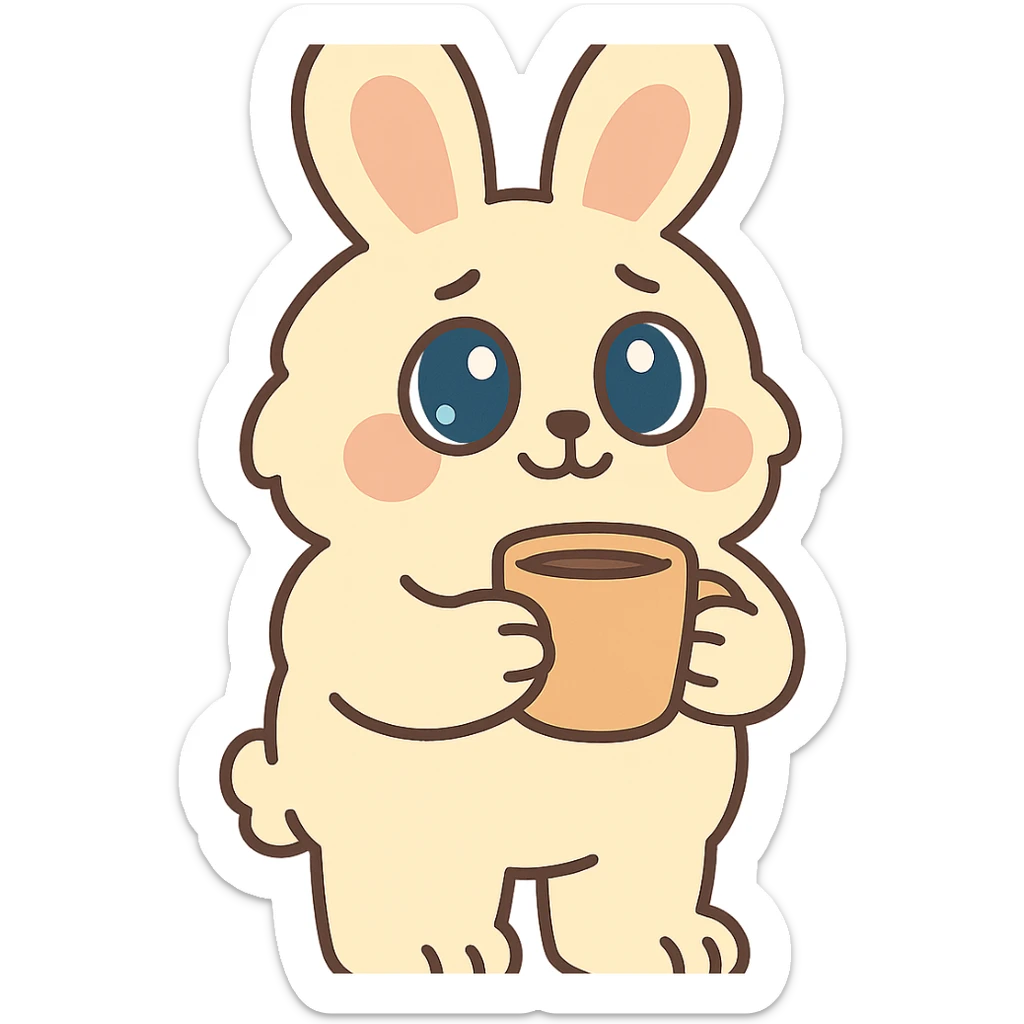 full-body fluffy cream bunny with big teardrop eyes holding a coffee mug with both hands, cozy expression, standing pose, pastel soft tones, pastel-toon style sticker
