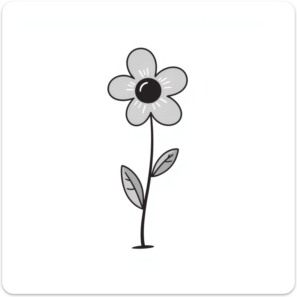 a single flower with petals, stem, and leaves in pastel colors dd9fb0, ffc6d3, a3bfc9, c4bee2, f1b091, detailed hand-drawn doodle style sticker