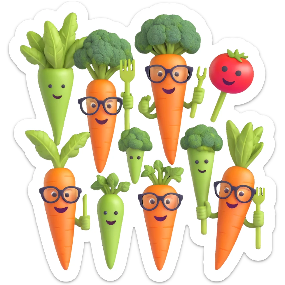 funny icon for archived groceries, group of old vegetables carrot broccoli tomato with canes and glasses, playful faces, 3D emoji style, white background sticker