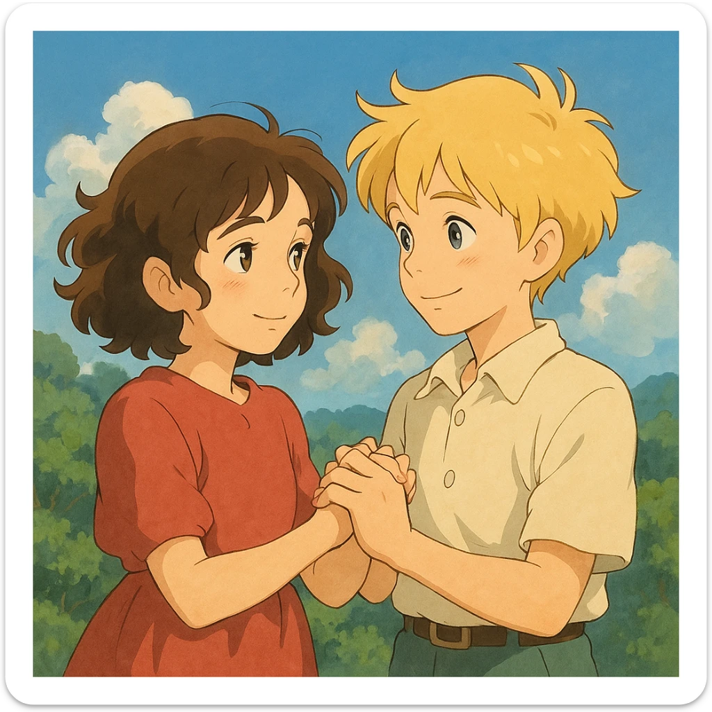 brunette curly haired girl and blonde boy holding hands, soft and expressive ghibli style sticker