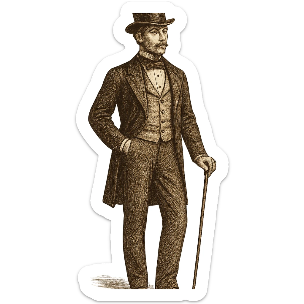 19th century gentleman standing, top hat, tailcoat, cane, waistcoat, full body, no background, different artistic style sticker