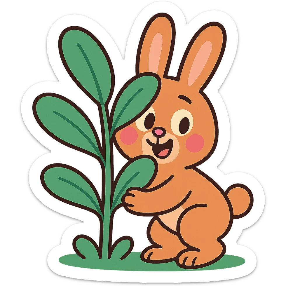 full-body cinnamon bunny peeking behind a plant in pastel-toon style sticker
