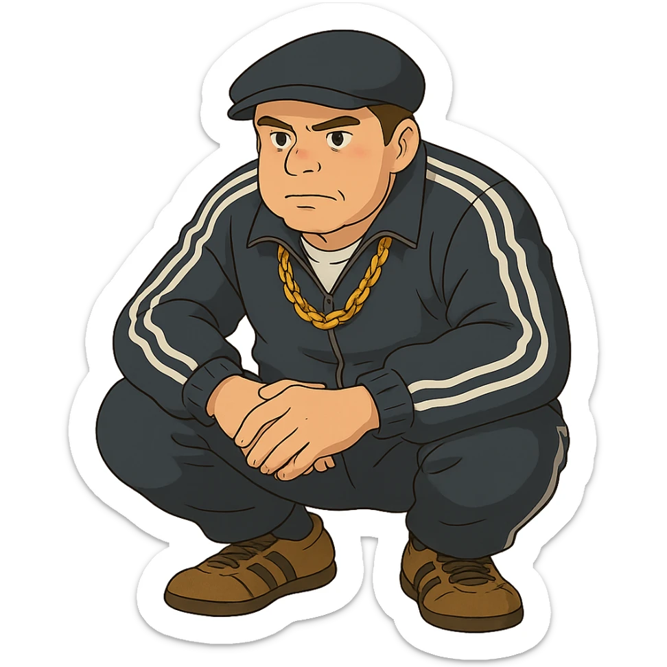 ghibli style Russian gangster squatting, wearing a tracksuit and gold chain sticker