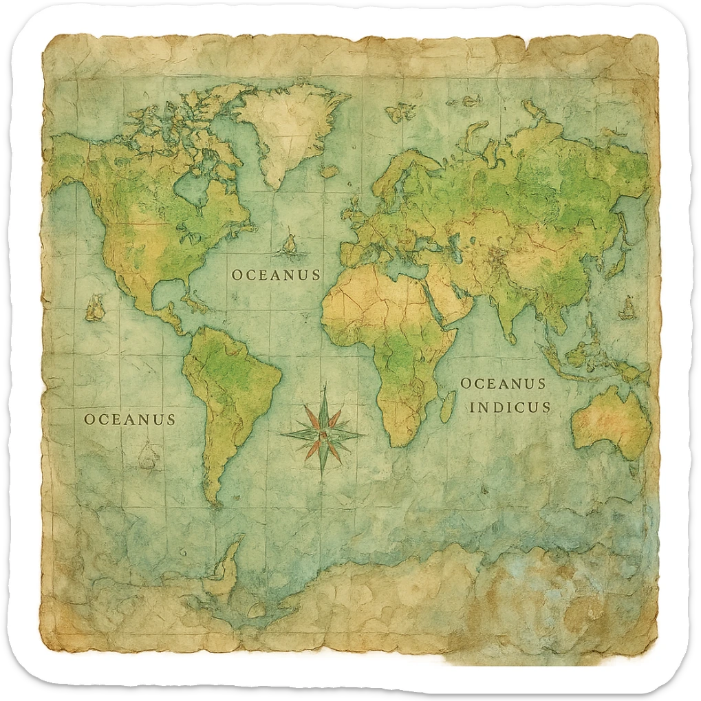 realistic crinkled and water damaged map, natural colors, soft, fairy-like atmosphere, no background, square size sticker