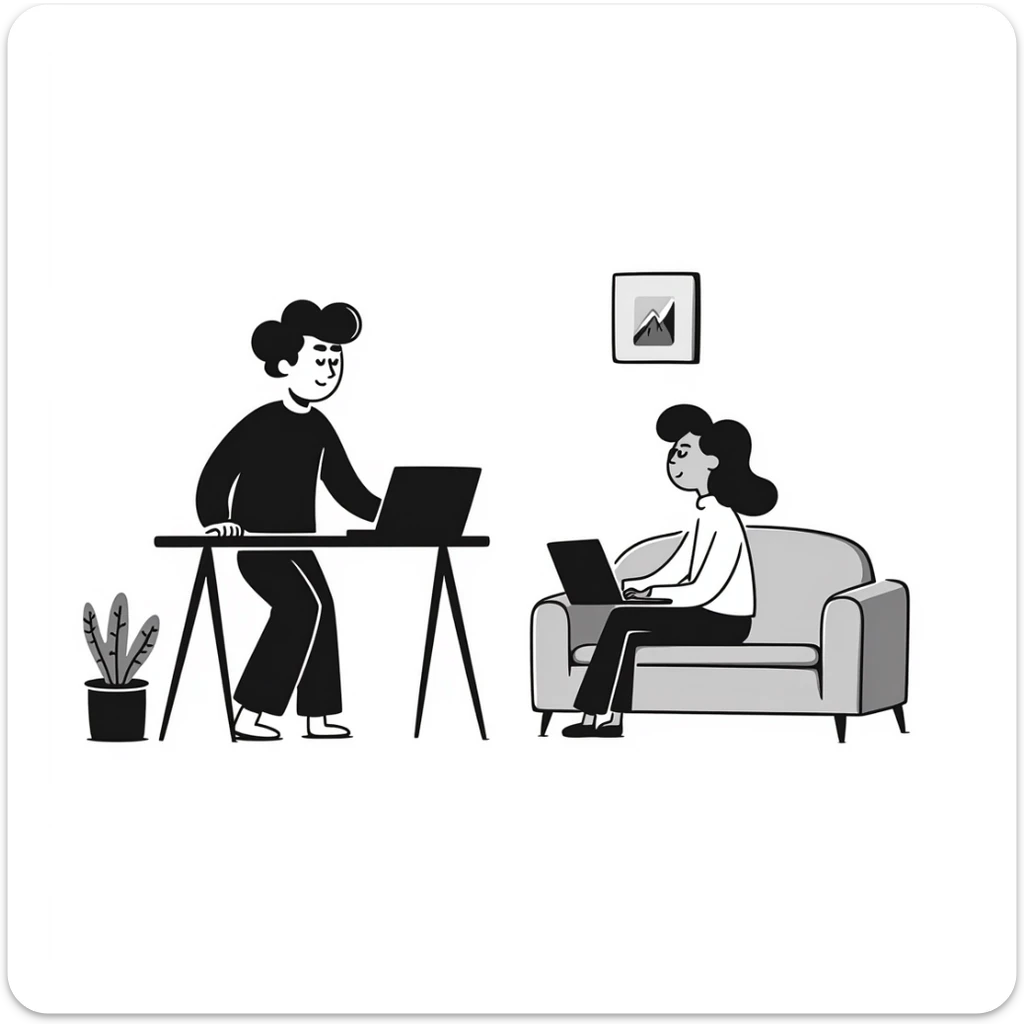 escenary 3d of a cozy mid-century living room with two people working on laptops, one man standing at a desk and one woman sitting on a couch, two walls and floor visible sticker