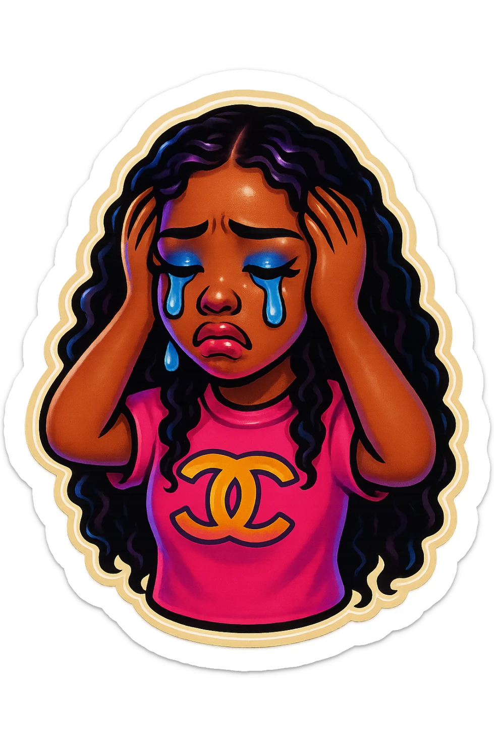 Crying Tears rolling down face 
Mouth Pout
hands on head 
pink chanel shirt 
head down
 sticker