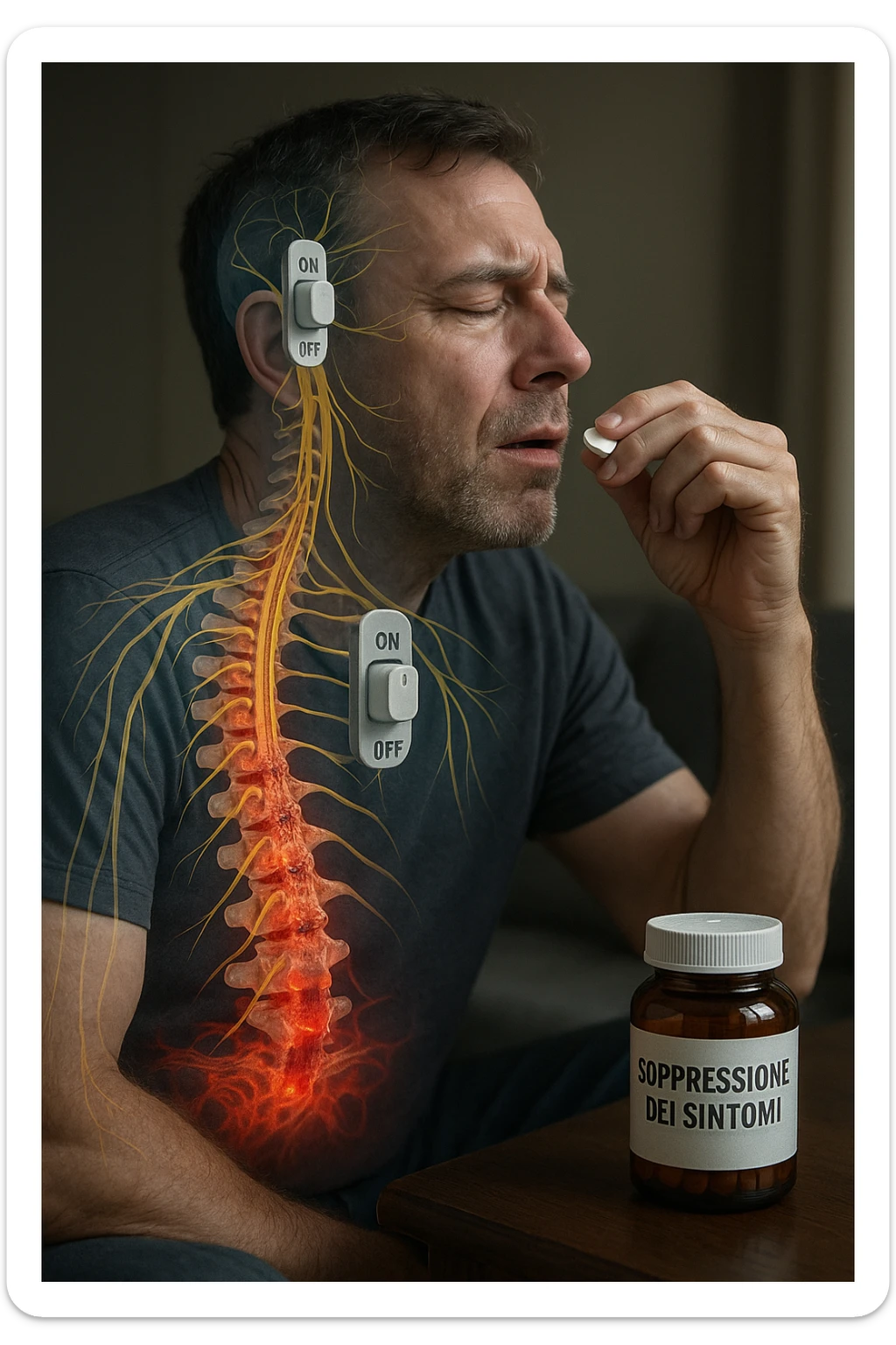 Realistica cinematic Man taking pain medication for chronic back pain, pills shown as dimmer switches turning down pain signals in transparent nervous system overlay, underlying spinal damage remaining completely untreated and worsening, expression of temporary relief masking progressive deterioration, medication bottle labeled 'symptom suppression' not 'cure', root cause inflammation continuing to spread in italiano sticker