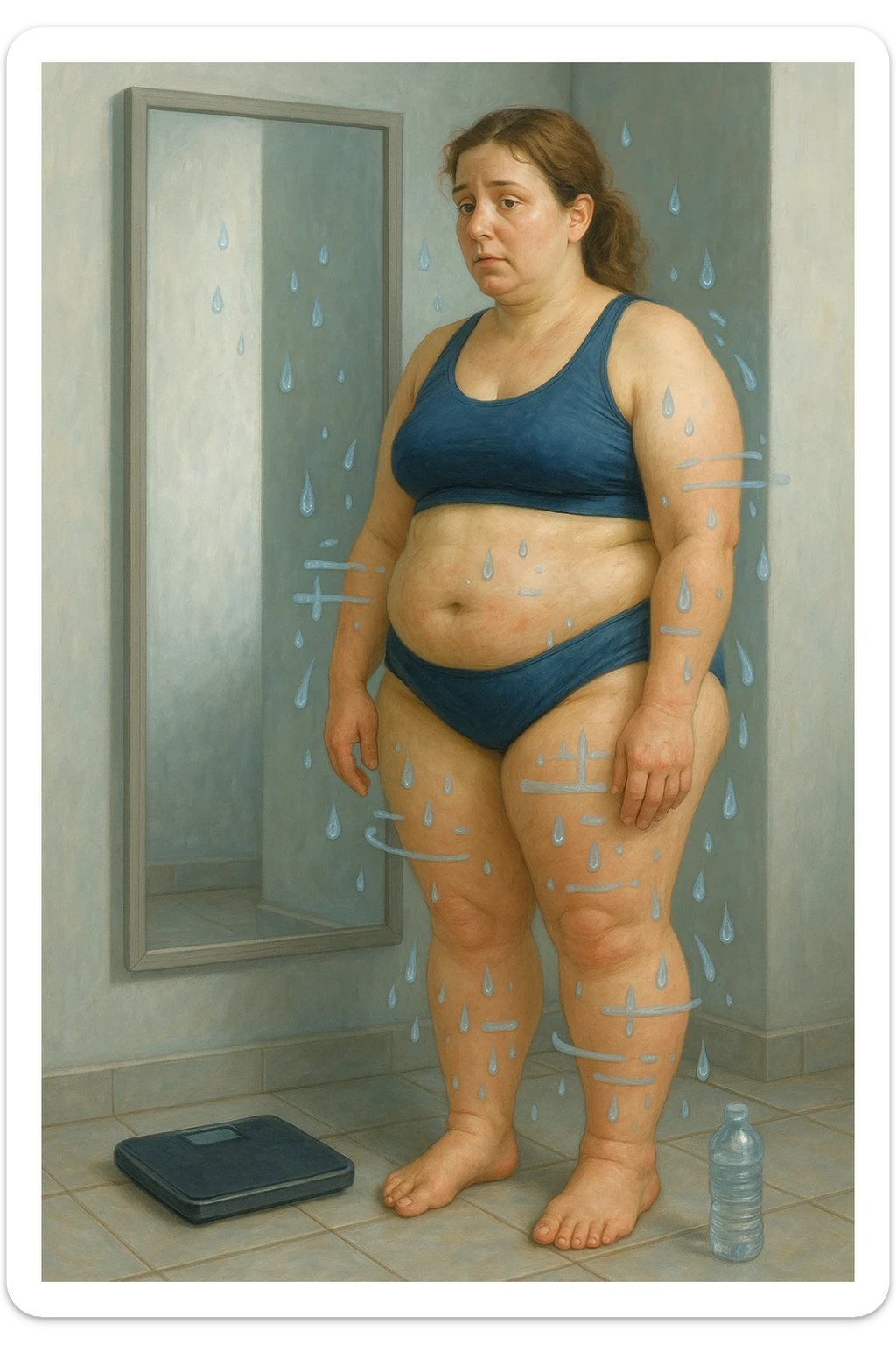 Donna tra i 30 e i 40 anni con viso e corpo leggermente gonfi, in piedi davanti allo specchio in abbigliamento sportivo o intimo. Le gambe, le caviglie e l’addome appaiono visibilmente gonfi, con lieve arrossamento o sensazione di pesantezza. Accanto a lei una bilancia e una bottiglia d’acqua mezza piena. Espressione stanca ma consapevole. In trasparenza o simbolicamente, piccole gocce d’acqua o flussi liquidi bloccati, per rappresentare la ritenzione. Colori freddi, luce naturale e ambiente domestico. Stile realistico, con accenti simbolici ben comprensibili sticker