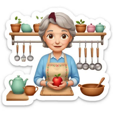 cartoon Apple iOS emoji style rural elderly woman, pastel colors, Chilean wooden kitchen background, clay pots, warm light, detailed and clean vector art sticker