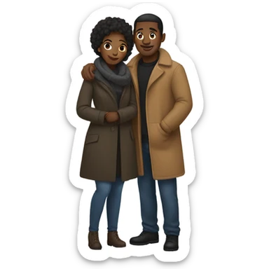 A black couple holding standing and cuddling while wearing coats  sticker