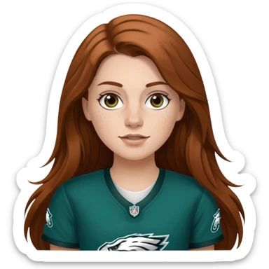White girl with long brown hair and freckles wearring a Philadelphia eagles jersey sticker
