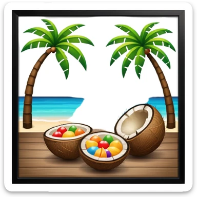 tropical summer photo frame with planks, coconuts, and vibrant colors, emoji style sticker