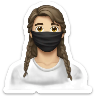 a 17-year-old boy with long brown hair in a square cut, wearing a black bandana with white elements tied on his forehead. Light mustache  sticker