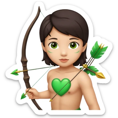 cupid flying with wings asian with brown eyes and dark hair handled bow and arrow directed to green emoji heart sticker