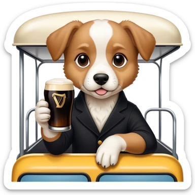 Puppy on a bus drinking a pint of Guinness WHILE “SPLITTING THE G” ON THE GUINESS sticker