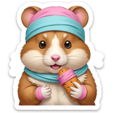 A cheerful hamster patient with head bandage, nibbling a treat for comfort.
 sticker