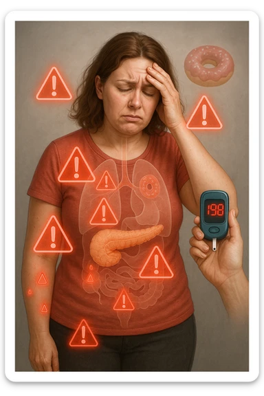 "Woman struggling with worsening insulin sensitivity, blood sugar spikes visualized as red warning signals throughout her body, expression of energy crashes and sugar cravings, pancreas working overtime shown in transparent overlay, pre-diabetic progression despite dietary efforts, metabolic syndrome symptoms accumulating, glucose meter showing increasingly concerning readings" scritte in italiano sticker