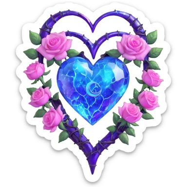 gothic heart made of shimmer amethyst glass, silver crescent moon, glowing blue roses, holographic stardust, neon pink lightning, wet and cracked glass sticker