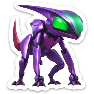 a shiny purple-green-red Genesect-Raptor-Fakémon—hybrid with a futuristic visor-helmet full body sticker