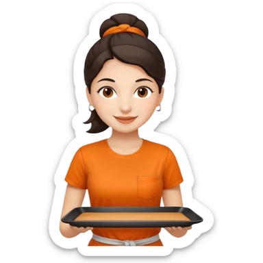 Create an iOS-emoji-style illustration of a cheerful female barista with bright fair skin and dark hair tied back. She wears an orange barista T-shirt and holds a brown serving tray. Style should be soft, rounded, and minimal like Apple emoji. sticker