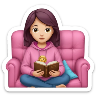 Una chica linda de cabello oscuro con ondas hasta los hombros de piel blanca con una sudadera rosa en un sofá cómodo y hermoso leyendo la biblia sticker