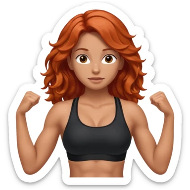 Athletic girl with long light red wavy hair and smaller boobs bigger arms. middle part and black sports bra, long hair, show stomach sticker