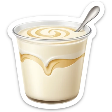 simple open cup of plant-based yogurt, smooth white surface with soft swirls, lighter and silkier than dairy, cup in beige, unbranded, no spoon or fruit, soft shadows sticker
