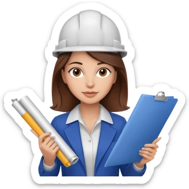 woman profession architect holding blueprints. She has beautiful Brown eyes. She has brown hair sticker
