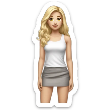 hyperrealist caucasian long blonde hair brown eyes woman white tank top gray tight mini skirt black high heel shoes full body sticker