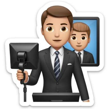 a male news anchor sits, with a screen with a prompter in front of him sticker