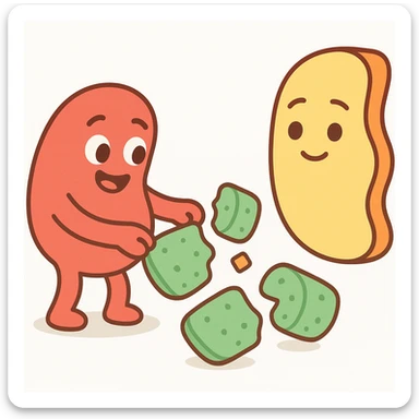 Ultra-detailed emoji-style illustration of enzyme digestion: Red amylase breaking green starch into sugars near a yellow cell membrane. Clean white background, no text. Scientific but simple, cartoon-exact shapes sticker