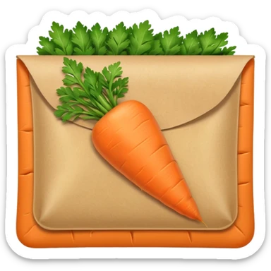 minimal emoji carrot seed packet, rectangular pouch, orange carrot with green leaves, white or light brown paper, clean lines, soft shading, friendly cartoon style sticker