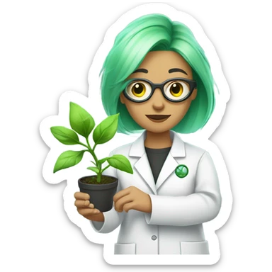 cyborg scientist wearing a lab coat and holding a small plant, woman with green hair, undercut hair cut sticker