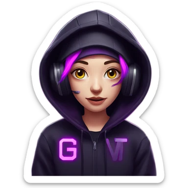 Russian student in the black hoody with violet letters "OMG VR" on it wearing vr headset. Cyberpunk style. Violet neon. sticker