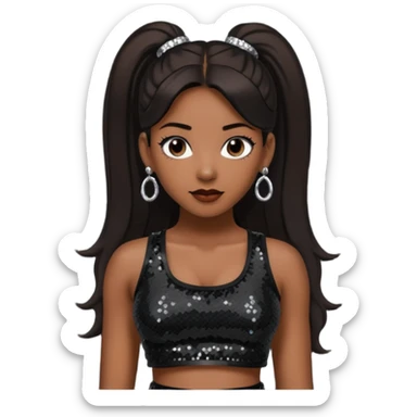 Chilli from TLC with long dark brown ponytail hair, black sequin crop top, black earring, dark skin sticker