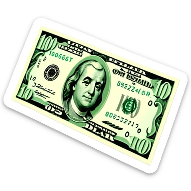 3D realistic US 100 dollar bill sticker, slight perspective, centered, clean cutout, transparent background, no text, no watermark sticker