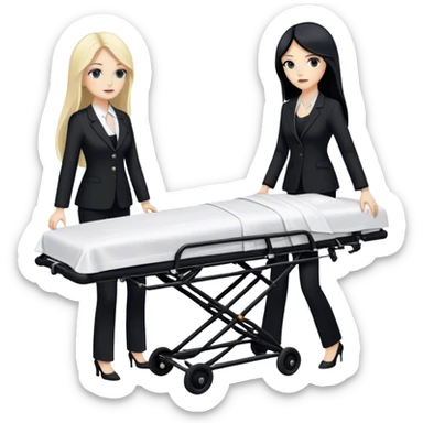 Two woman with long hair. One has black hair and one is blond. They have black pants suits on. And they are pushing a funeral stretcher in to a black Mercedes Vito. On the stretcher is a body covered in white sheets sticker