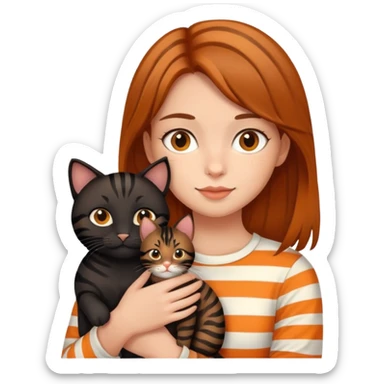 tan brown-haired girl holding two cats, one black cat and one orange tiger-striped cat sticker