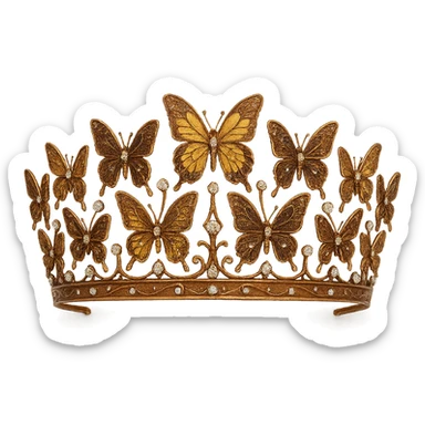butterfly crown with a copper base, butterflies in bronze and gold enamel, sparkling gems, transparent background sticker