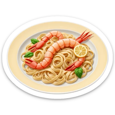 create a Whole Shrimp Linguini Camera angle: slightly elevated top-down view with a gentle bird’s-eye perspective (about 15–20°), identical perspective and scaled do not add anything on plate

 sticker