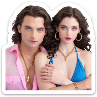attractive couple embracing in romantic pose, woman with big blue-grey eyes, long lashes, pale skin, pink lips, long voluminous dark brown curls, gold hoop earrings, revealing silky halter top close to handsome man with intense blue-grey eyes, chiseled features, pale skin, confident smirk, dark brown styled hair, gold chain, revealing open shirt, faces close together sticker