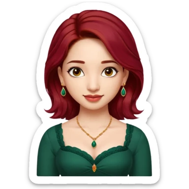 pretty bratz genmoji that looks like tamannah bhatia (bollywood actress), wearing a dark green sweetheart neckline top, dark red hair, light makeup, no necklace, dangly earrings, side hair part, dark brown eyes,  sticker