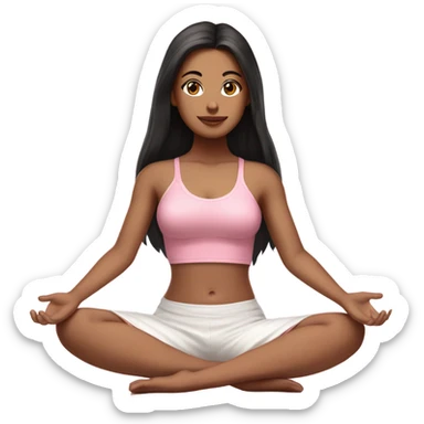 A girl with white skin tone, brown eyes and black long hair,  is sitting in a lotus position in a pink bra top and short white skirts sticker
