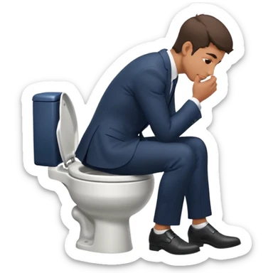 Man siting in a toilet bowl head down hands on the knee the side side view and dress sticker