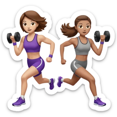 two women. only one is running. the other is only lifting weights. brown hair, light skin, hazel eyes. sticker