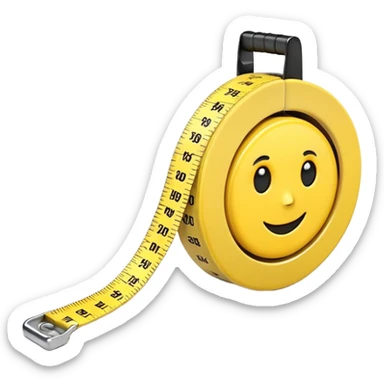 A 3D emoji-style yellow measuring tape, rolled in a spiral with black markings, realistic light and shadow, minimalistic background, vector-like clean design. sticker